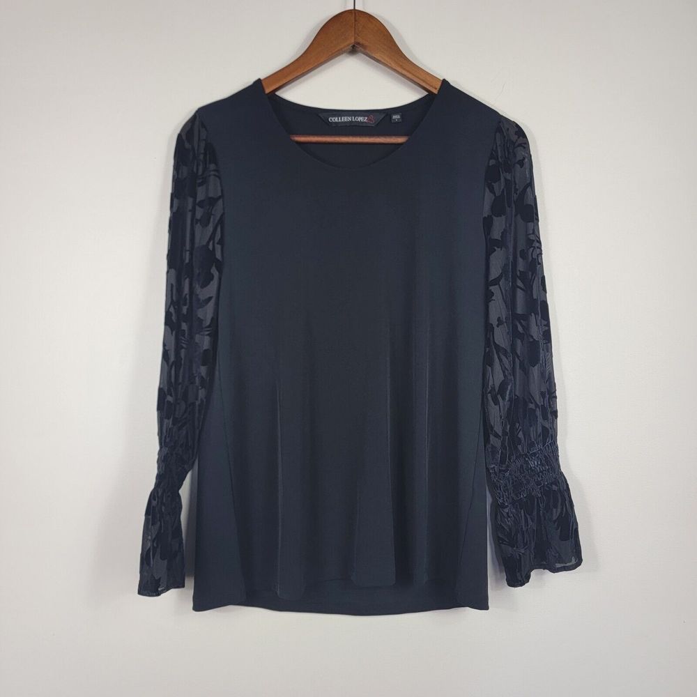 Colleen Lopez Small‎ Black Blouse Velvet Embellished Flare Sleeves